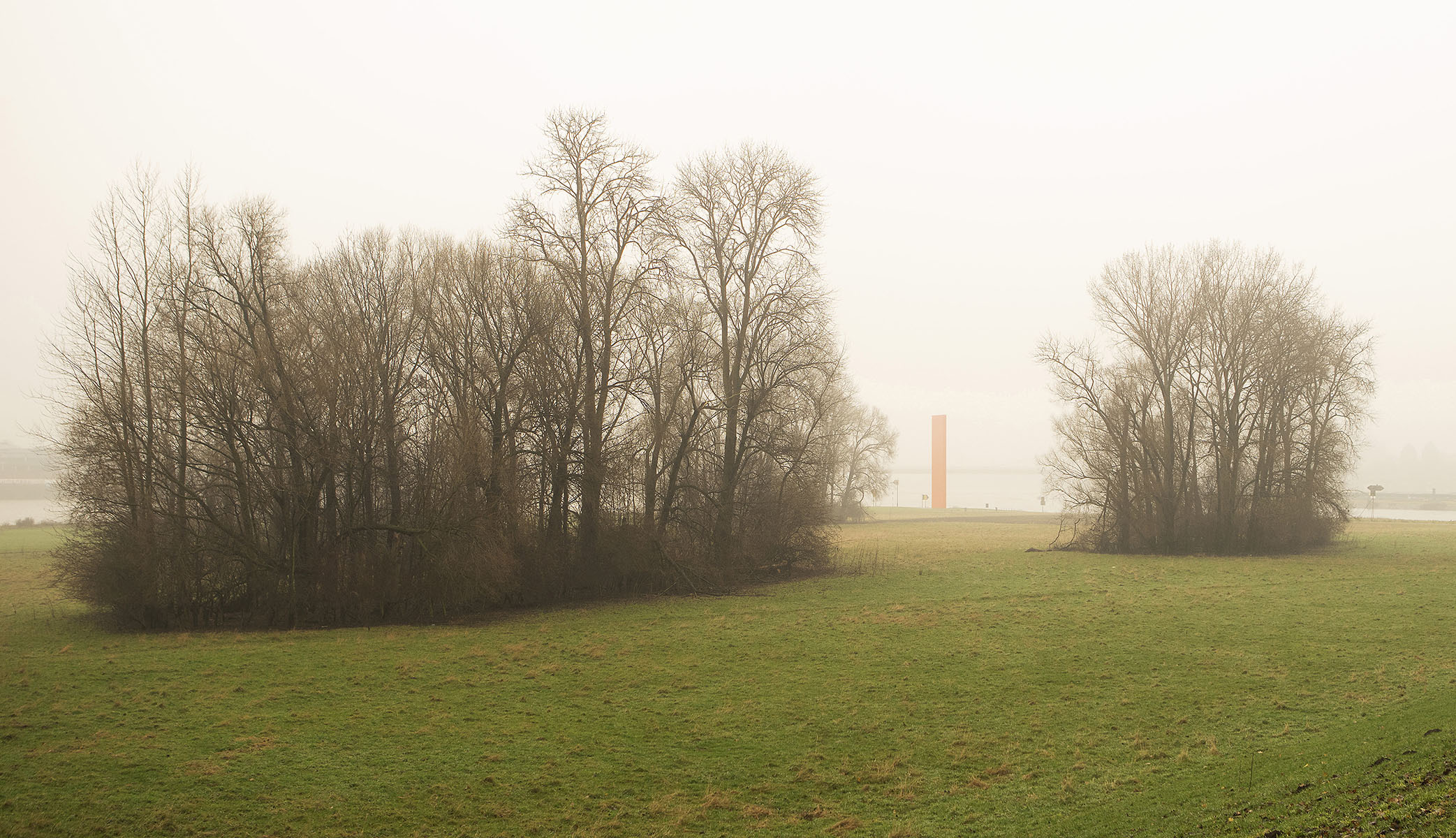 Skulptur Rheinorange im Nebel